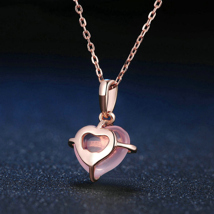 Real Solid 925 Sterling Silver Natural Rose Quartz Pendant Necklace Heart Bow Jewelry