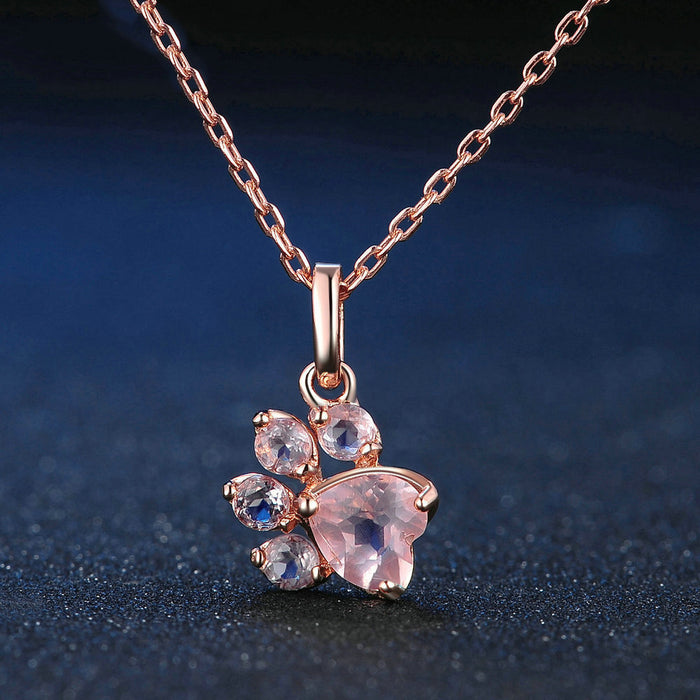 Real Solid 925 Sterling Silver Natural Rose Quartz Pendant Necklace Heart Cat Paw Jewelry