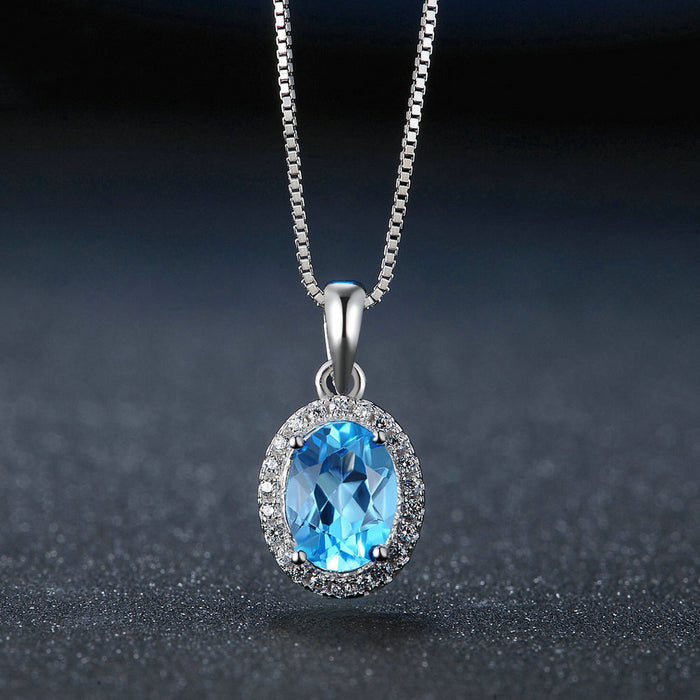 Real Solid 925 Sterling Silver Natural Oval Swiss Blue Topaz Pendant Necklace Jewelry 18"