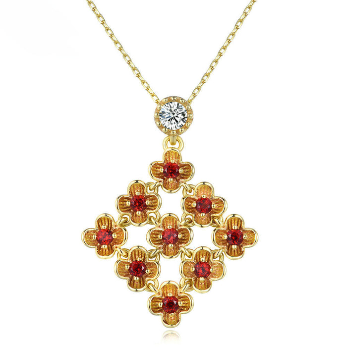 Real Solid 925 Sterling Silver Natural Garnet Pendant Necklace Flowers Jewelry 18"