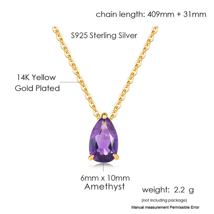 Real Solid 925 Sterling Silver Natural Pear Amethyst Pendant Necklace Teardrop Jewelry
