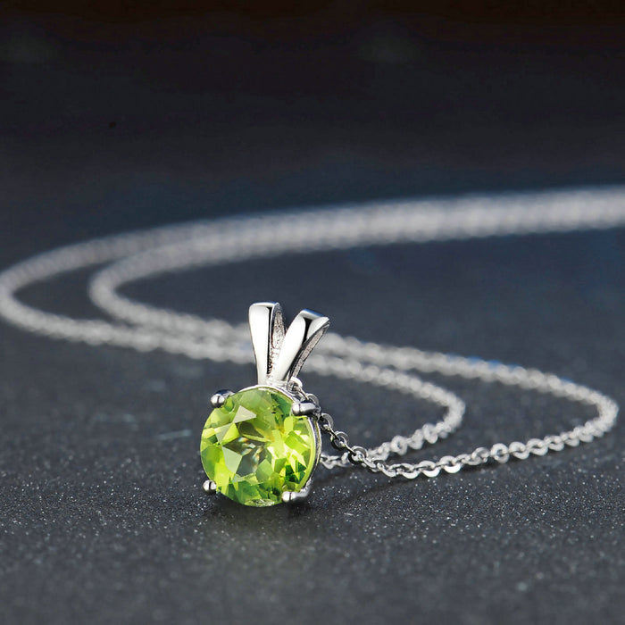Real Solid 925 Sterling Silver Natural Round Peridot Pendant Necklace Beautiful Jewelry 18"