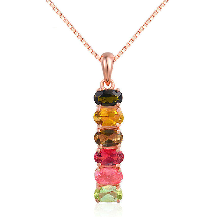 Real Solid 925 Sterling Silver Natural Oval Tourmaline Pendant Necklace Multicolor Jewelry 18"