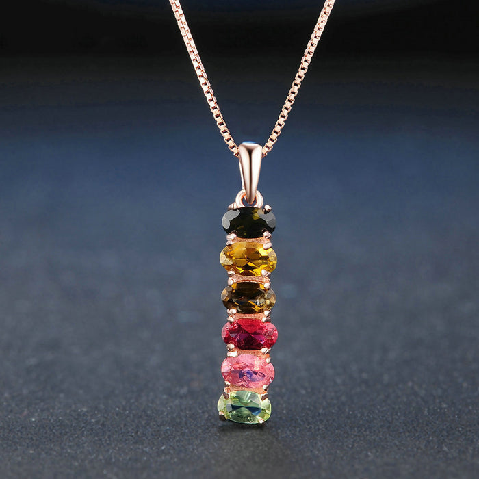 Real Solid 925 Sterling Silver Natural Oval Tourmaline Pendant Necklace Multicolor Jewelry 18"