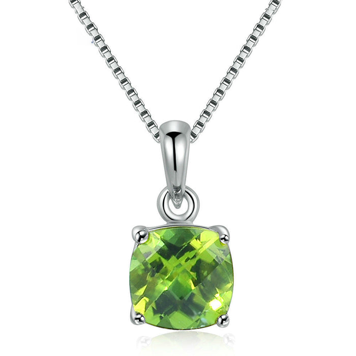 Real Solid 925 Sterling Silver Natural Square Peridot Pendant Necklace Beautiful Jewelry