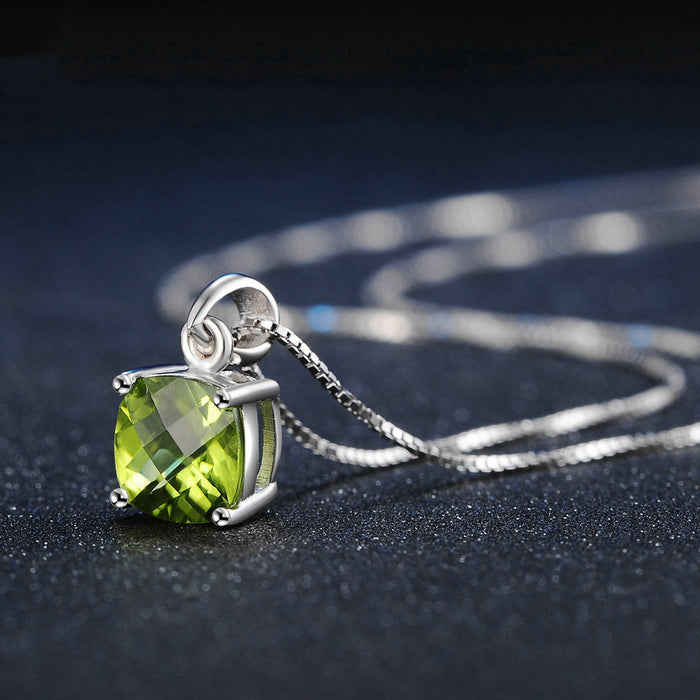 Real Solid 925 Sterling Silver Natural Square Peridot Pendant Necklace Beautiful Jewelry