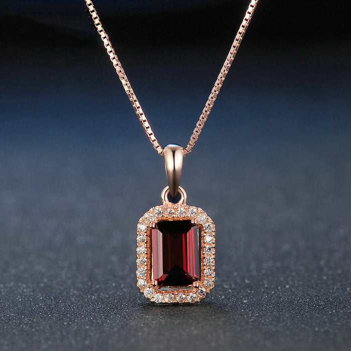 Real Solid 925 Sterling Silver Natural Princess Rectangle Garnet Pendant Necklace Jewelry