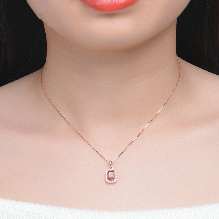 Real Solid 925 Sterling Silver Natural Princess Rectangle Garnet Pendant Necklace Jewelry