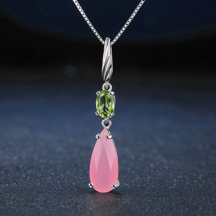 Real Solid 925 Sterling Silver Natural Rose Quartz Peridot Pendant Necklace Teardrop Jewelry