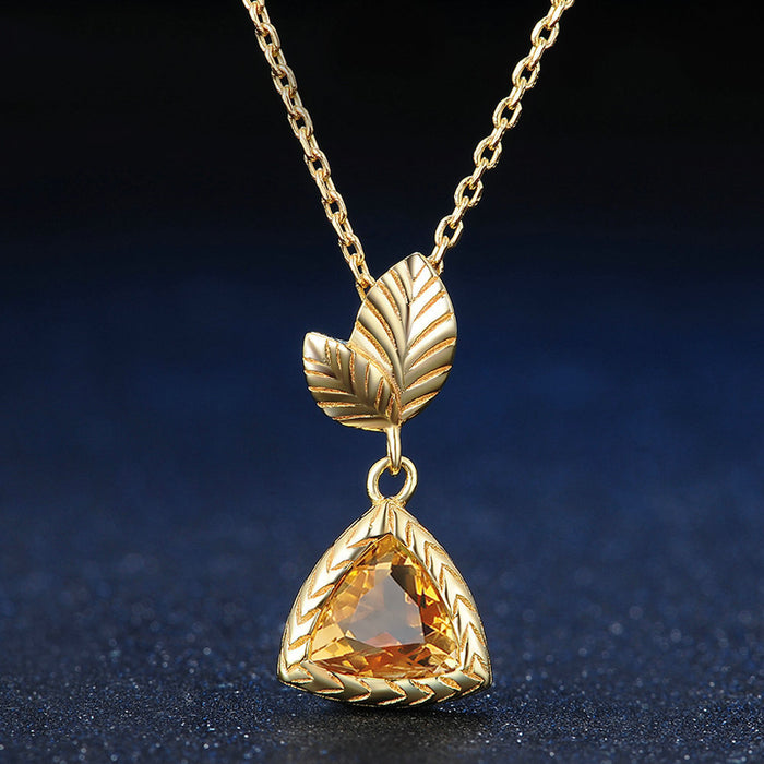 Real Solid 925 Sterling Silver Natural Triangle Citrine Pendant Necklace Leaves Jewelry 18"