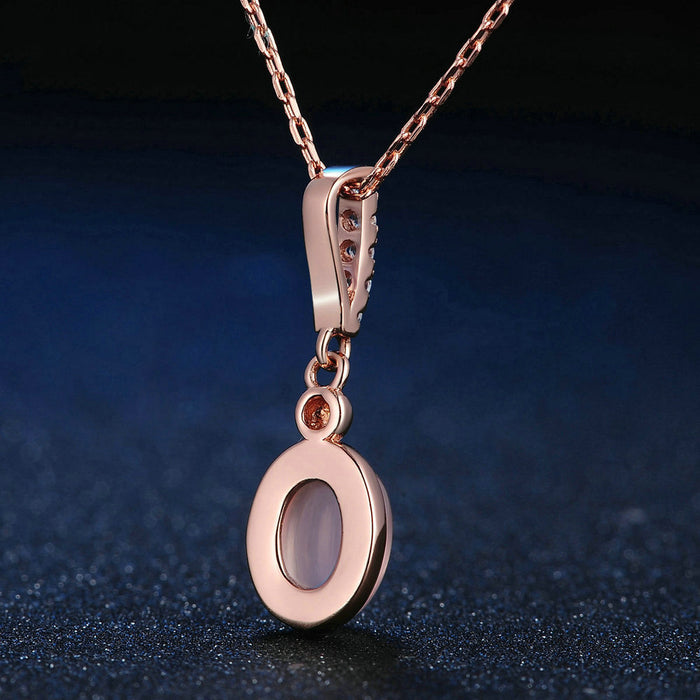 Real Solid 925 Sterling Silver Natural Oval Rose Quartz Pendant Necklace CZ Inlay Jewelry