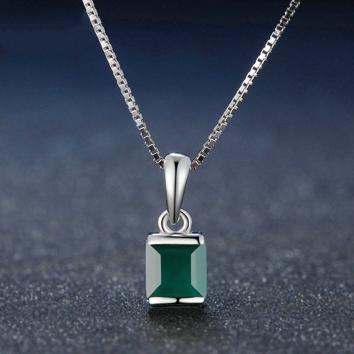 Real Solid 925 Sterling Silver Natural Square Green Agate Pendant Necklace Jewelry