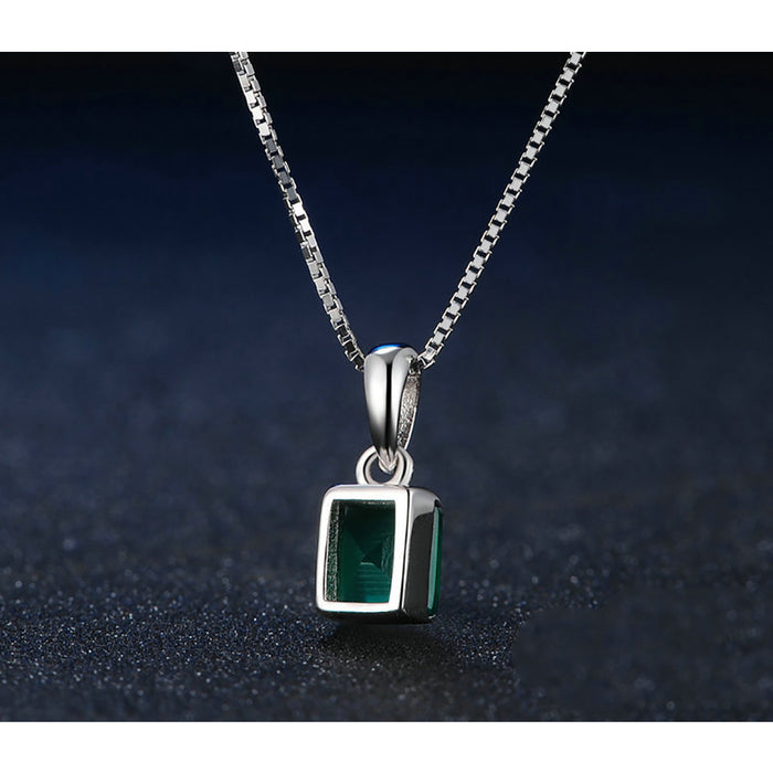 Real Solid 925 Sterling Silver Natural Square Green Agate Pendant Necklace Jewelry