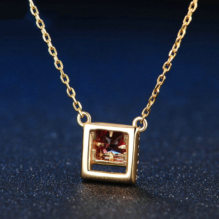 Real Solid 925 Sterling Silver Natural Princess Square Garnet Pendant Necklace Beautiful Jewelry 18"