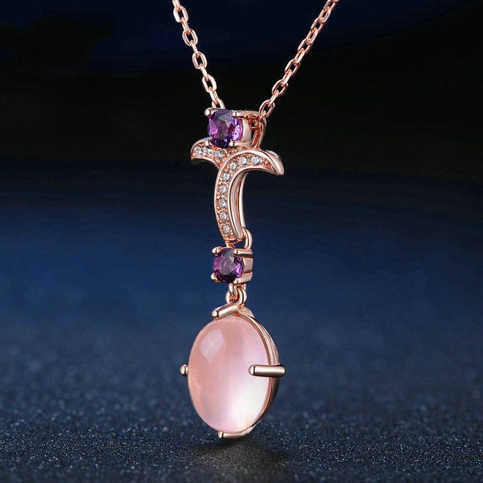 Real Solid 925 Sterling Silver Natural Oval Rose Quartz Amethyst Pendant Necklace Jewelry