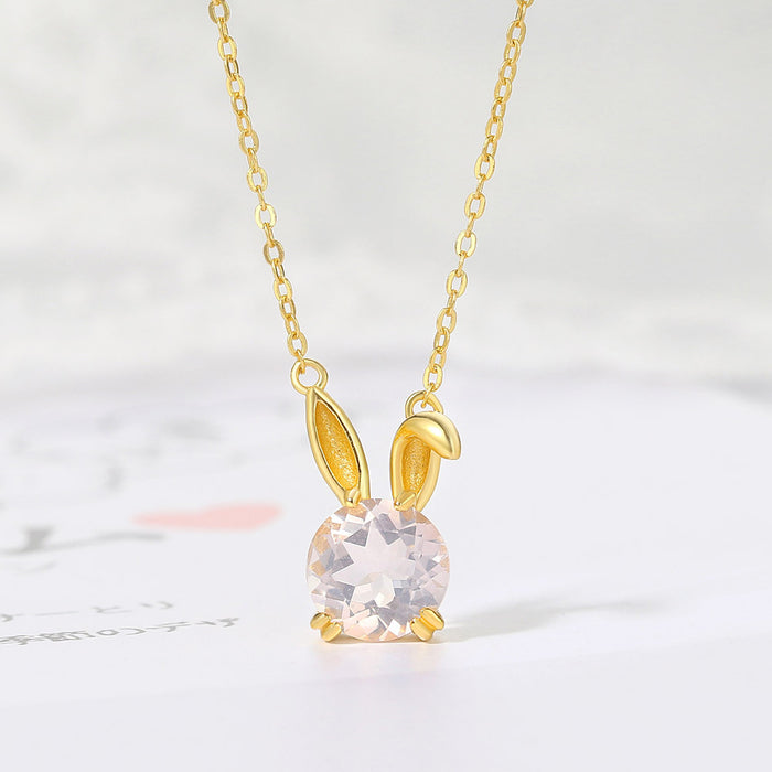 Real Solid 925 Sterling Silver Natural Round Rose Quartz Pendant Necklace Rabbit Jewelry