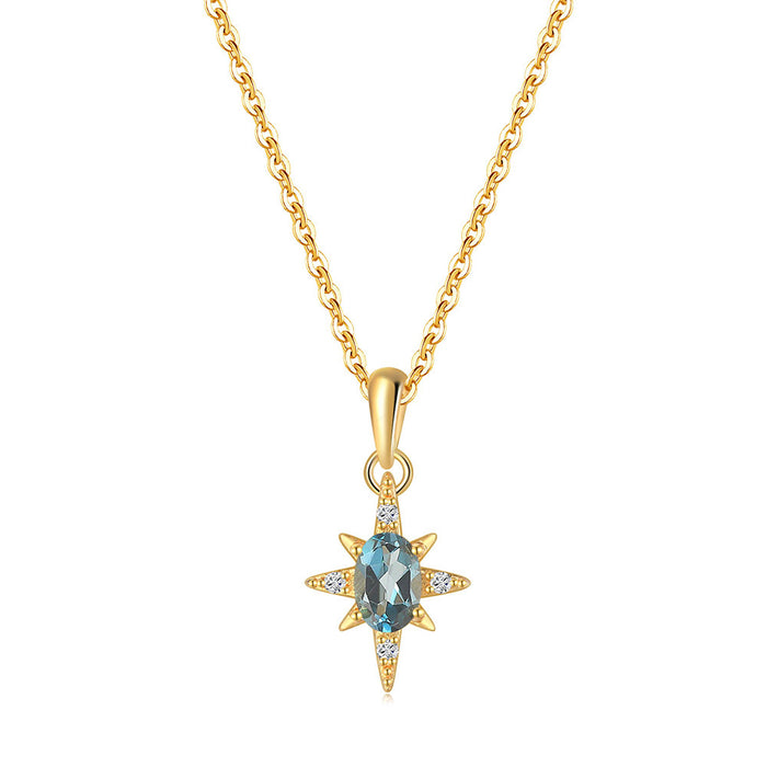 Real Solid 925 Sterling Silver Natural Oval Blue Topaz Pendant Necklace Hexagram Jewelry 18"
