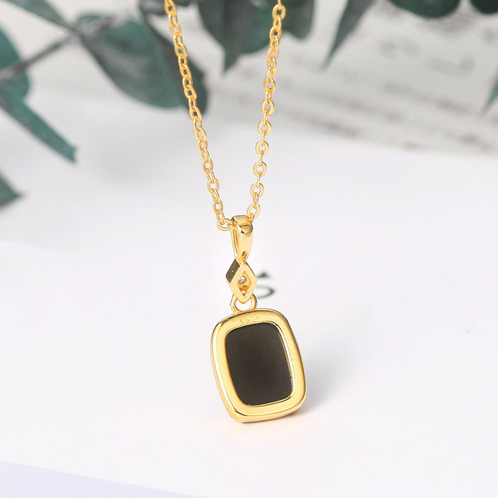 Real Solid 925 Sterling Silver Natural Rectangle Black Agate Pendant Necklace Jewelry 18"