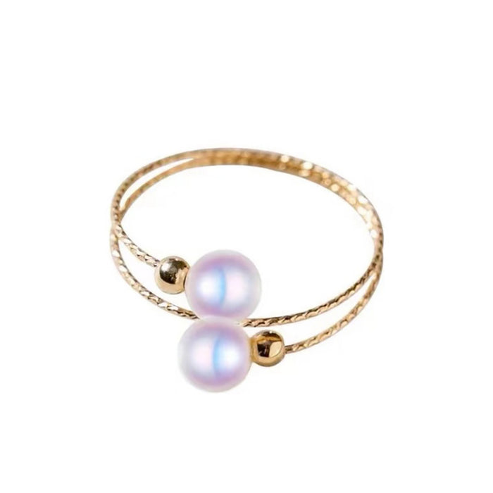 18K Solid Gold Natural Freshwater Pearl Rings Bead Elastic Beautiful Jewelry Open Size