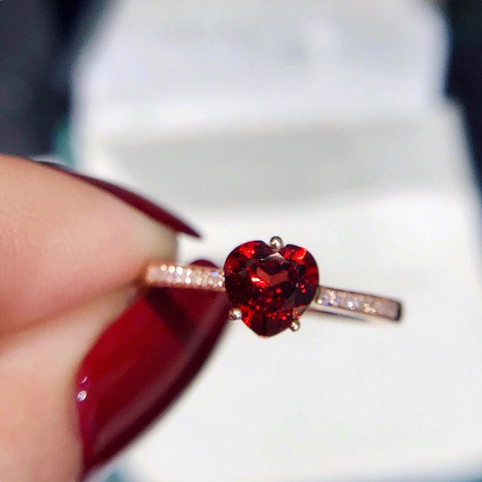 18K Solid Gold Diamond Natural Garnet Rings Heart Charm Beautiful Jewelry Size 5-8