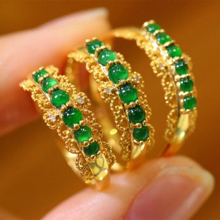 18K Solid Gold Natural Round Jade Jadeite Diamond Ring Lace Charm Beautiful Jewelry Size 5-8