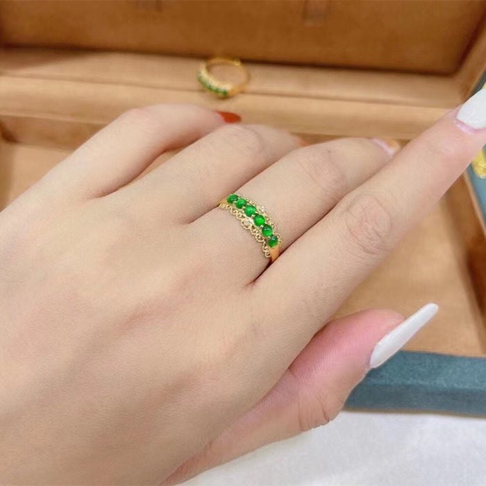 18K Solid Gold Natural Round Jade Jadeite Diamond Ring Lace Charm Beautiful Jewelry Size 5-8