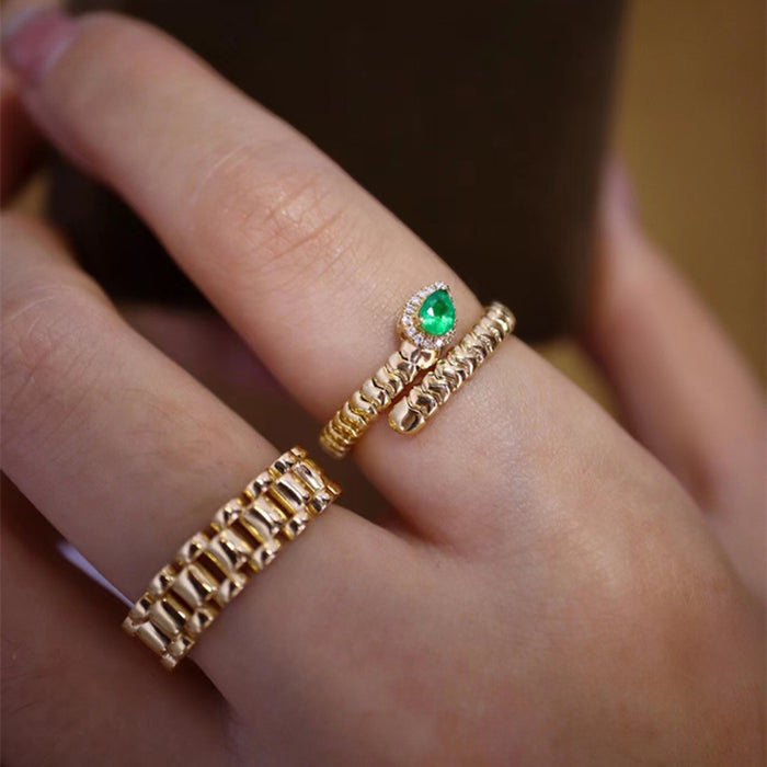 18K Solid Gold Natural Emerald Diamond Snake Ring Charm Beautiful Jewelry Open Size 5-8