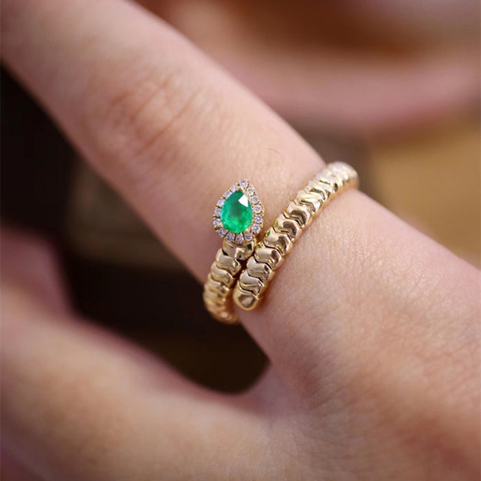 18K Solid Gold Natural Emerald Diamond Snake Ring Charm Beautiful Jewelry Open Size 5-8