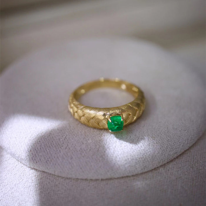 18K Solid Gold Natural Emerald Ring Braided Charm Beautiful Jewelry Size 5-8