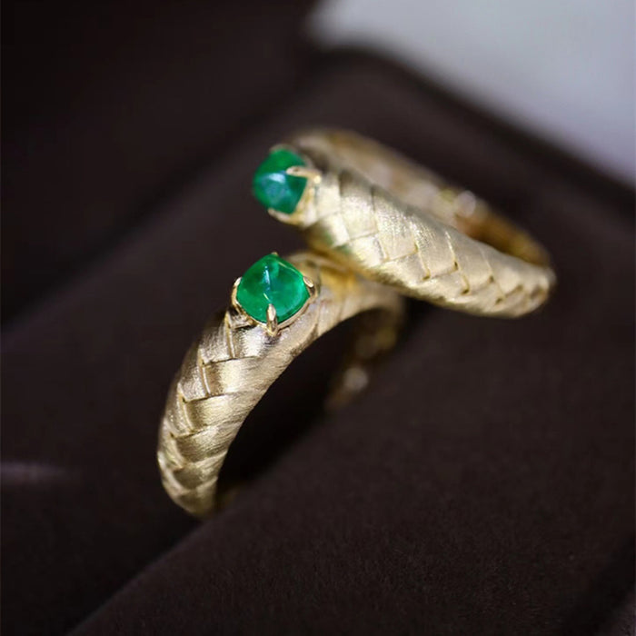 18K Solid Gold Natural Emerald Ring Braided Charm Beautiful Jewelry Size 5-8