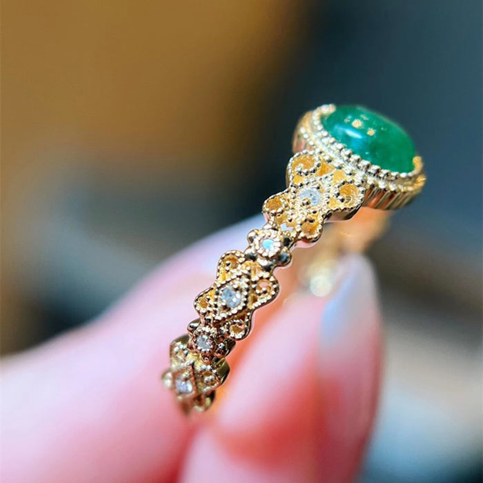 18K Solid Gold Natural Oval Emerald Diamond Ring Charm Beautiful Jewelry Size 5-8