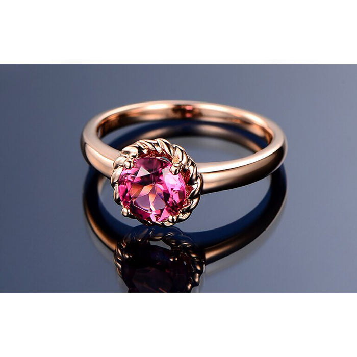 18K Solid Gold Natural Round Tourmaline Ring Charm Elegant Jewelry Size 5-9