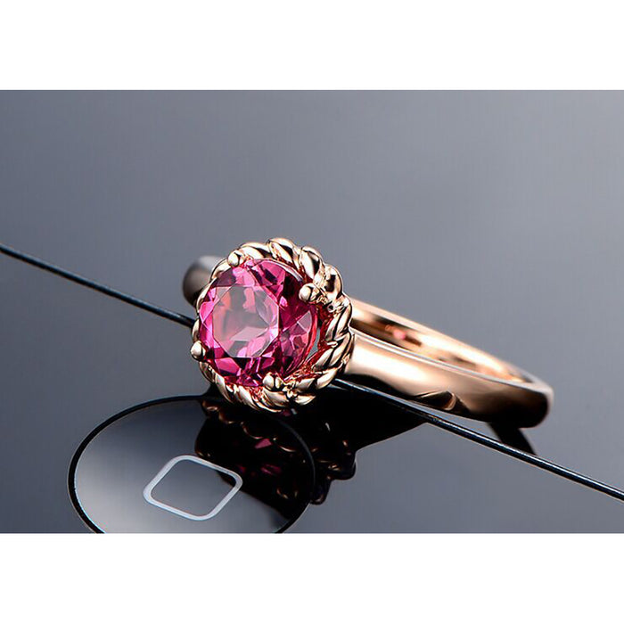 18K Solid Gold Natural Round Tourmaline Ring Charm Elegant Jewelry Size 5-9