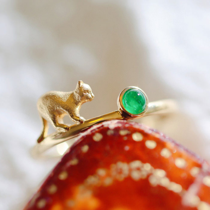 18K Solid Gold Natural Round Emerald Rings Cat Charm Elegant Jewelry 5-9