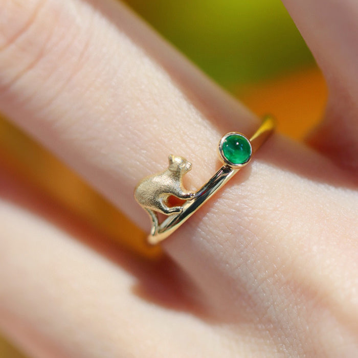 18K Solid Gold Natural Round Emerald Rings Cat Charm Elegant Jewelry 5-9