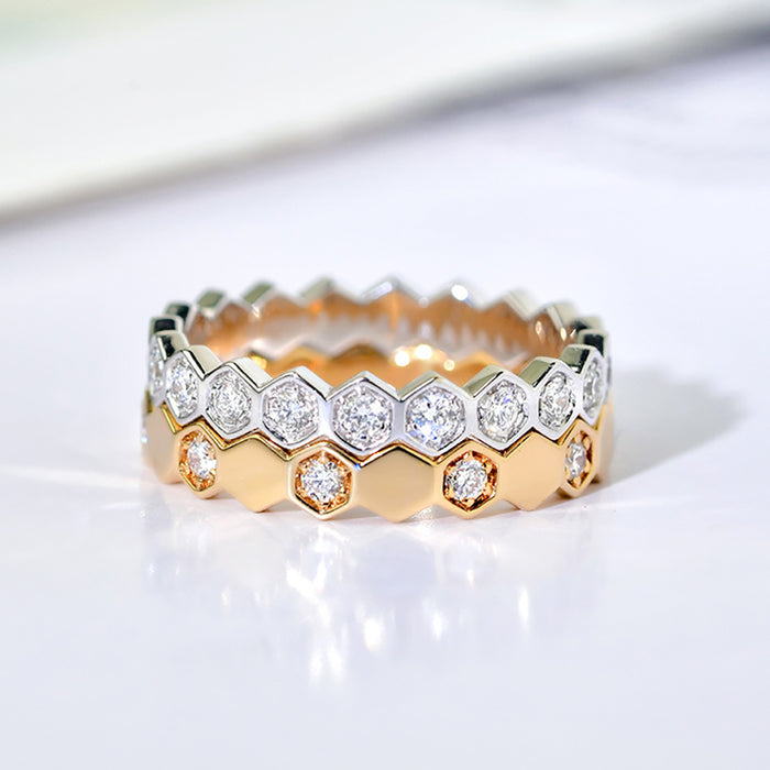 18K Solid Gold Natural Diamond Rings Honeycomb Geometric Charm Elegant Jewelry 5-8