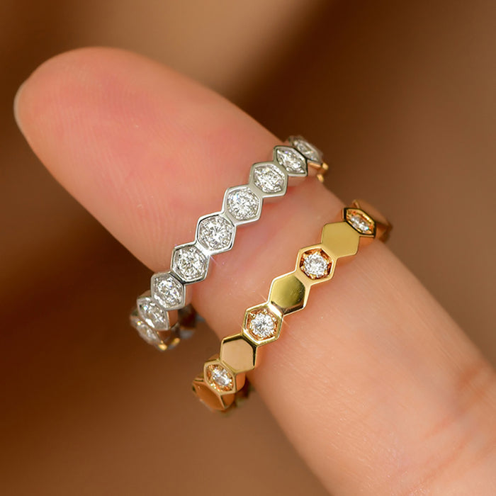 18K Solid Gold Natural Diamond Rings Honeycomb Geometric Charm Elegant Jewelry 5-8