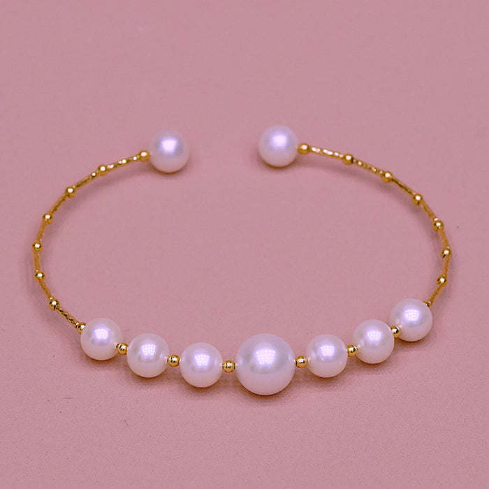 18K Solid Gold 9-10mm Round Natural Freshwater Pearl Cuff Bracelet Charm Jewelry