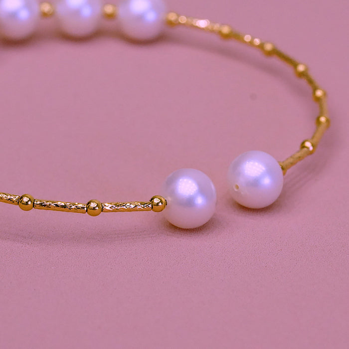 18K Solid Gold 9-10mm Round Natural Freshwater Pearl Cuff Bracelet Charm Jewelry
