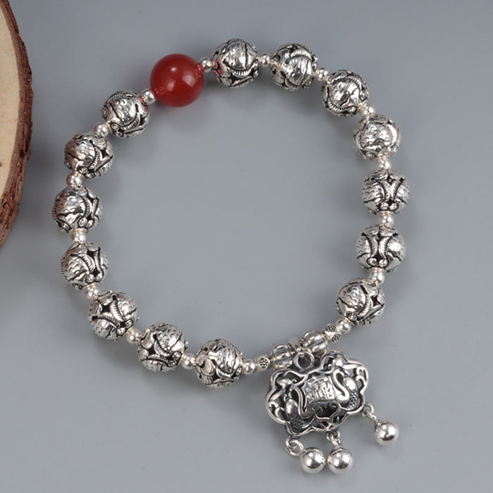 925 Sterling Silver Lucky Elastic Bracelet Charm Agate Double Fish Women Jewelry