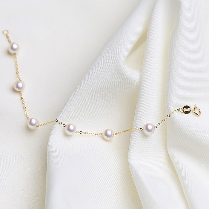 18K Solid Gold O Chain Natural Freshwater Pearl Bracelet Bead Charm Jewelry 7.1"
