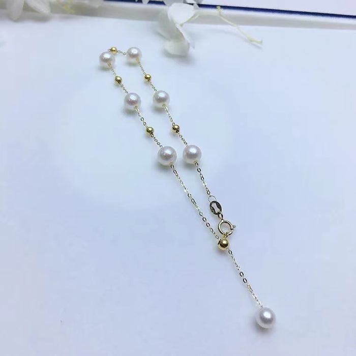 18K Solid Gold O Chain Natural Freshwater Pearl Bracelet Bead Babysbreath Charm Jewelry 7.1"