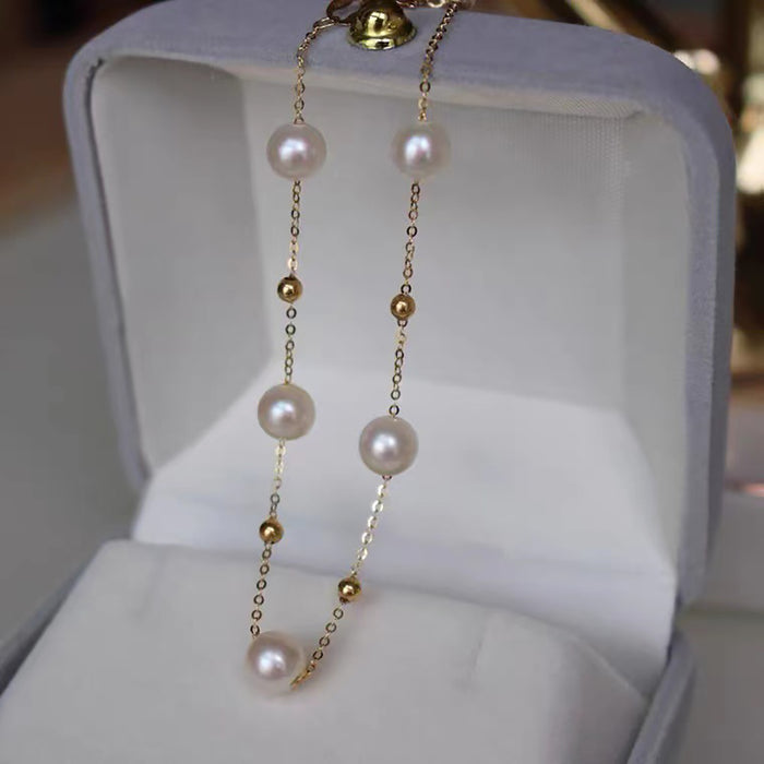 18K Solid Gold O Chain Natural Freshwater Pearl Bracelet Bead Babysbreath Charm Jewelry 7.1"