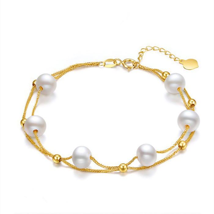 18K Solid Gold Natural Freshwater Pearl Double layer Bracelet Bead Heart Charm Jewelry 7.1"