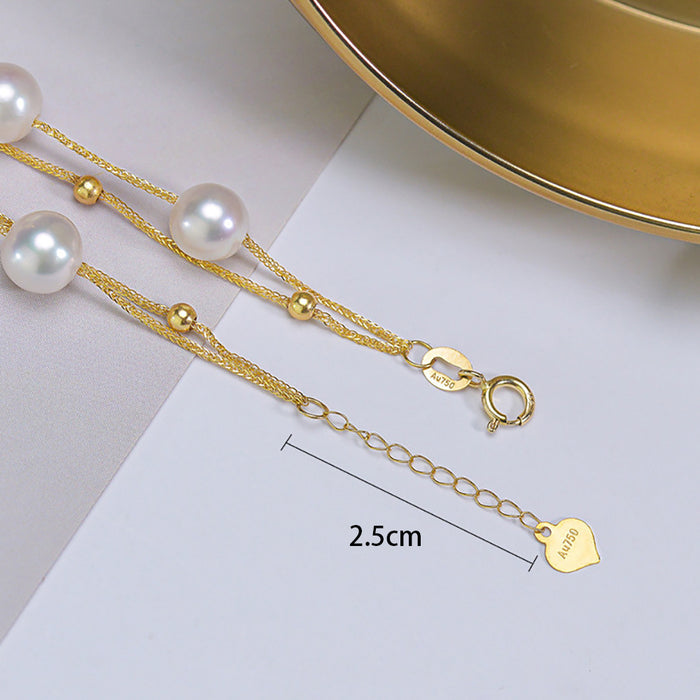 18K Solid Gold Natural Freshwater Pearl Double layer Bracelet Bead Heart Charm Jewelry 7.1"