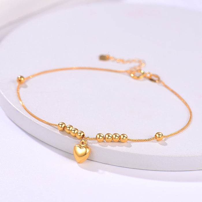 18K Solid Gold Chopin Chain Bracelet Bead Loving Heart Charm Jewelry 7.1"
