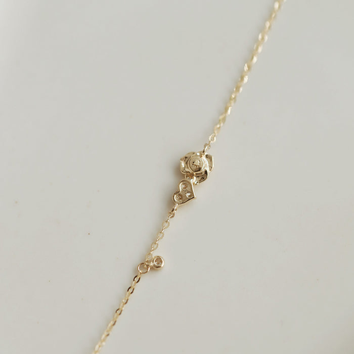 14K Solid Gold AAA Cubic Zirconia Bracelet Rose Flower Heart Charm Designer Jewelry
