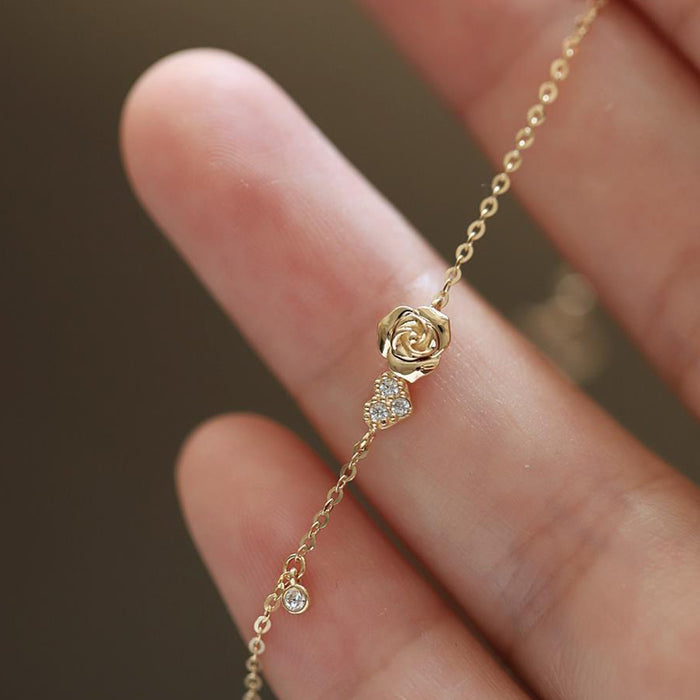 14K Solid Gold AAA Cubic Zirconia Bracelet Rose Flower Heart Charm Designer Jewelry