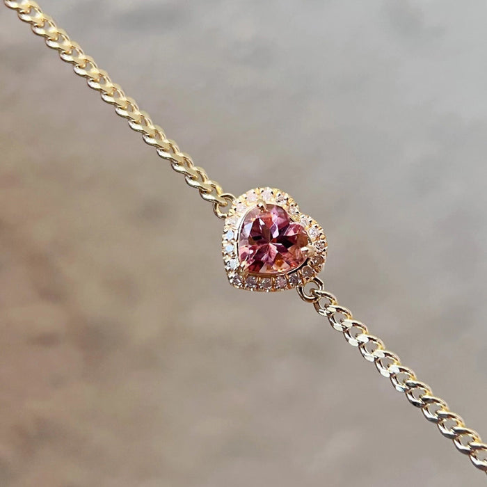 18K Solid Gold Miami Cuban Chain Bracelet Natural Tourmaline Diamond Heart Elegant Jewelry