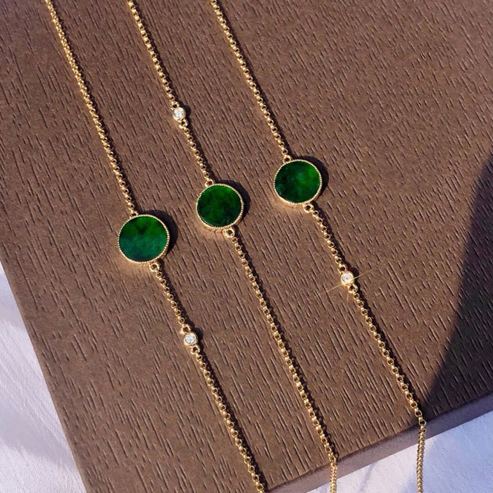 18K Solid Gold Rolo Chain Natural Jade Jadeite Diamond Bracelet Coins Elegant Jewelry